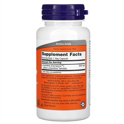 Now Foods, L-карнитин, 500 мг, 60 растительных капсул