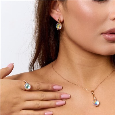 Комплект ювелирной бижутерии коллекция "Дубай" серьги, кулон и кольцо 17 р, покрытие позолота, вставка: кристалл, цвет: перламутровый, арт.414.194-17