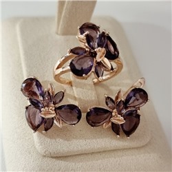 Комплект ювелирной бижутерии коллекция "Дубай" серьги и кольцо 18 р, покрытие позолота, вставка: стекло, цвет: фиолетовый, арт.215.566-18