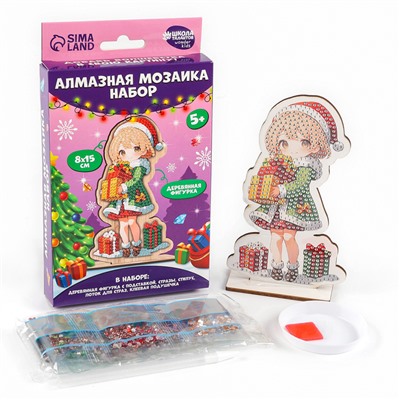 Алмазная мозаика на новый год для детей на деревянной фигурке «Милая девочка», 8×15 см, набор для творчества