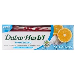 Dabur Herb'l Toothpaste Salt & Lemon with Toothbrush / Дабур Зубная Паста Отбеливающая с Солью и Лимоном + Зубная Щётка Ср. Жесткости 150 г