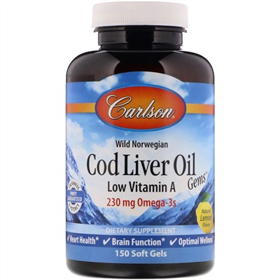 Carlson Labs, Wild Norwegian, Cod Liver Oil Gems, Low Vitamin A, Natural Lemon Flavor, 230 mg, 150 Soft Gels