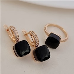 Комплект ювелирной бижутерии коллекция "Дубай" серьги и кольцо 17 р, покрытие позолота, вставка: фианиты, цвет: черный и прозрачный, арт.314.876-17