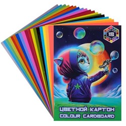 Набор цветного картона мелованного А4 18л 18цв "Космический неоновый котик" НК-9094 Лилия Холдинг