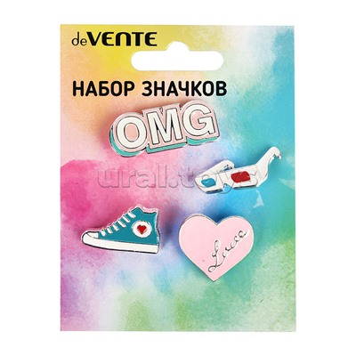 Набор значков "Selfie&Shoes" эмалированные, размер изделий: очки 2,2x1,3 см, OMG 3,4x1,4 см, кеда2,4x1,5 см, сердце 2,3x2 см на карточке 7,0x9,5 см с пластиковым пакетом