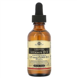 Solgar, Жидкий витамин D3, натуральный апельсиновый вкус, 125 мкг (5000 МЕ), 59 мл (2 жидких унции)