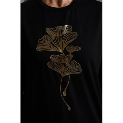 8519/1 Футболка с длинным рукавом женская (Черный_листья)