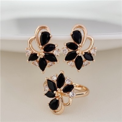 Комплект ювелирной бижутерии коллекция "Дубай" серьги и кольцо 17 р, покрытие позолота, вставка: фианиты, цвет: черный и прозрачный, арт.215.477-17