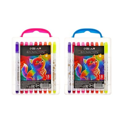 Фломастеры 18 цветов «Мышка», в пластиковом пенале с ручкой, вентилируемый колпачок, МИКС