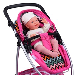 Коляска-трансформер для кукол, металлическая, регулируемая ручка, с корзиной, розовый зигзаг
