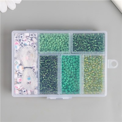 Бисер стекло 8/0 в шкатулке «Зелёный», бусины + нить 0.8 мм, 5 м, 12×8.4×2.2 см