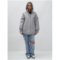 Куртка летучая мышь женская с капюшоном зимняя серого цвета 9630Sr