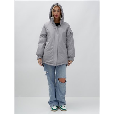 Куртка летучая мышь женская с капюшоном зимняя серого цвета 9630Sr