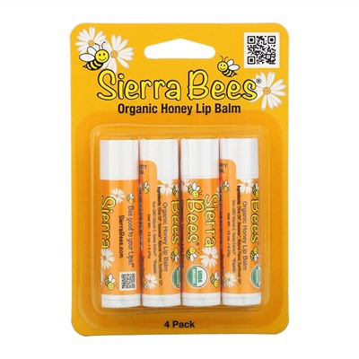 Sierra Bees, Органические бальзамы для губ, мед, 4 штуки в упаковке весом 0,15 унции (4,25 г) каждая