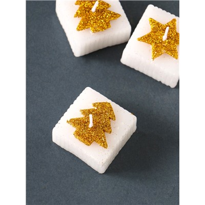 Набор свечей «Марки. Золотые ёлочки и звёзды», 4 шт., 10.5×10.5×3 см