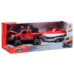 Машина с прицепом и лодкой (свет, звук) в коробке