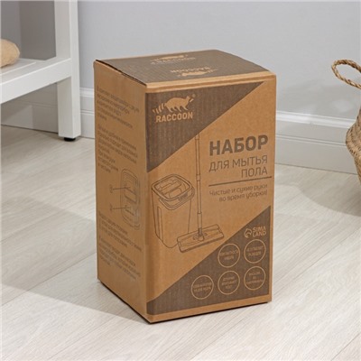 Швабра с отжимом и ведром Raccoon, ведро с отсеками, швабра плоская, 2 кармана, 32×12×142 см, дополнительная насадка из микрофибры