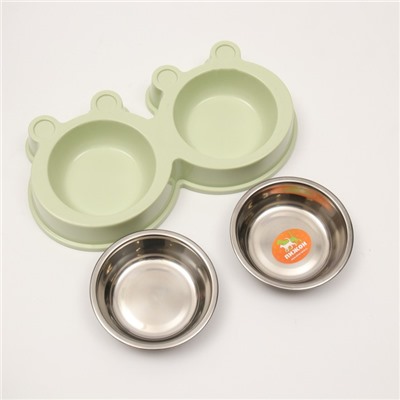 Миска металлическая двойная на пластиковой основе 2×160 мл, 28×15.5×4 см, зелёная