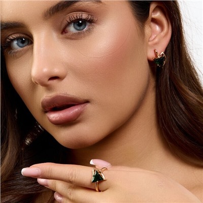 Комплект ювелирной бижутерии коллекция "Дубай" серьги и кольцо 18 р, покрытие позолота, вставка: стекло, цвет: изумрудный, арт.414.267-18