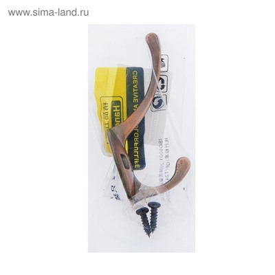 Крючок мебельный ТУНДРА TKd=008, двухрожковый, медь, 4 шт. TMP