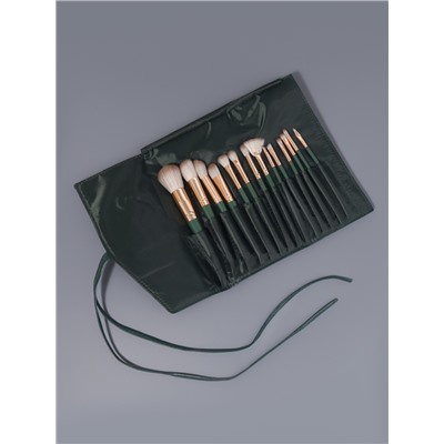 Набор кистей для макияжа Lillian, 14 предметов, футляр на завязках, зелёный, серый