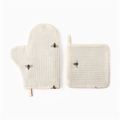 Кухонный набор Доляна «Пчёлки»: варежка 20×27 см, прихватка 19×19 см, рогожка 164 г/м², 100% хлопок