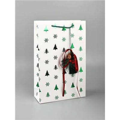 Пакет подарочный «Новогодний сюрприз», тиснение, с шишками и бахромой, 25.5×9×30 см