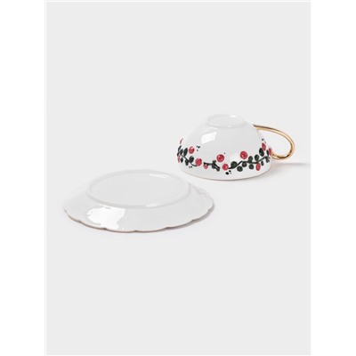 Чайная пара «Красный бутон», 2 предмета: чашка 180 мл, блюдце d=15 см, керамика, белая