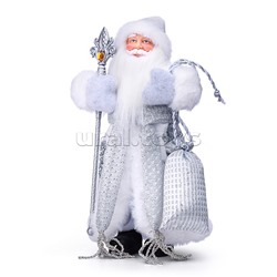 Сувенир "Дед Мороз" в бело-серебристой шубе с посохом, собственная разработка, 30 см