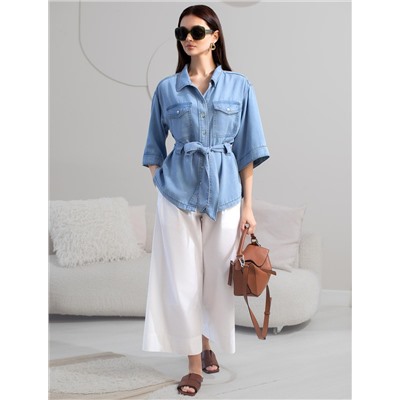 Удлиненная блузка с поясом и карманами из джинсового лиоцелла