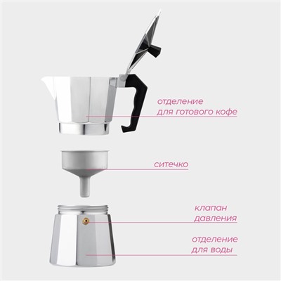 Кофеварка гейзерная Доляна Alum, на 6 чашек, 300 мл, алюминий, серебристая