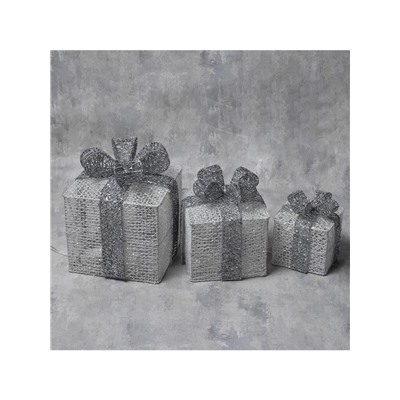 Светодиодная фигура «Подарки с серой лентой» 15, 20, 25 см, текстиль, металл, 220 В, 8 режимов, свечение белое