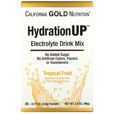 California Gold Nutrition, HydrationUP, смесь для приготовления электролитического напитка, тропические фрукты, 20 пакетиков, 4,8 г (0,17 унции) в каждом