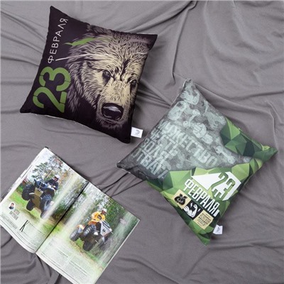 Подушка декоративная «Этель. 23 февраля», 40×40 см, велюр, серая, зелёная