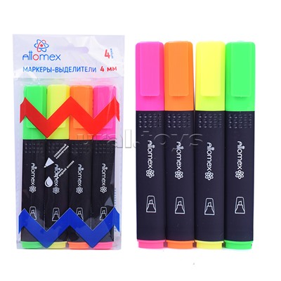 Набор маркеров-выделителей "Attomex" (4 цв - желт, зел, оран, роз) плоский корпус с клипом, скошенный наконечник, ширина линии 1-4 мм, в пластиковом блистере
