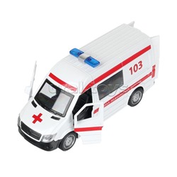 Машина металл свет-звук "Скорая помощь" 14,5см, двери, багаж, инерц, бел, кор.