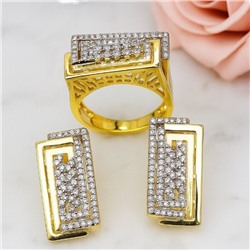 Комплект ювелирной бижутерии Итальянское золото (покрытие желтое 14к), серьги и кольцо 17 р, вставка: фианиты, цвет: прозрачный, арт.216.405-17