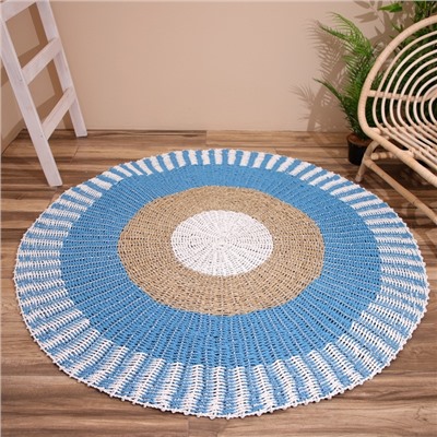 Ковёр на пол круглый натуральный плетёный «Волна», из водорослей, 150 см, голубой