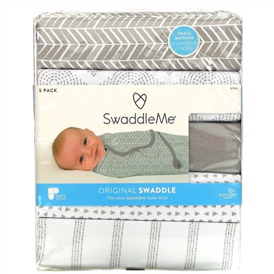 Summer Infant, SwaddleMe, оригинальная пеленка, маленькая/средняя, 0–3 месяцев, серая, 5 шт. в упаковке