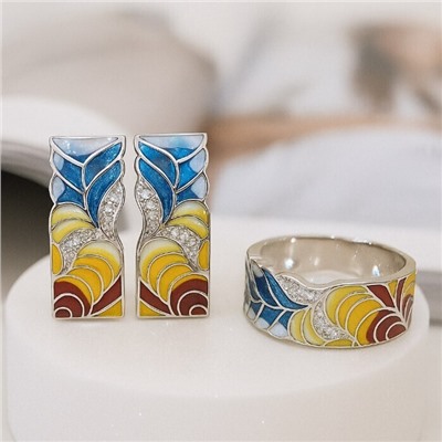 Комплект ювелирной бижутерии коллекция "Дубай" серьги и кольцо 17 р, покрытие посеребрение, вставка: эмаль и цирконы, цвет: разноцветный и прозрачный, арт.313.329-17