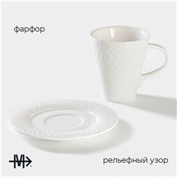 Чайная пара Magistro Argos, 2 предмета: чашка 220 мл, блюдце d=15 см, фарфор, белая