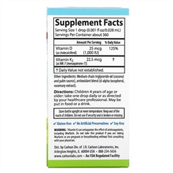 Carlson Labs, Super Daily D3+K2 для детей, 25 мкг (1000 МЕ) и 22,5 мкг, 10,16 мл (0,34 жидк. унции)