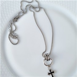 Комплект бижутерии: чокер тканевый и колье на цепочке с подвеской крест, цвет чокера: коричневый, цвет цепочки: серебристый, арт.001.798