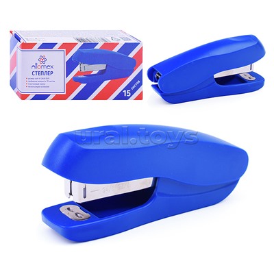 Степлер 24/6&26/6 (мощность 15 листов, глубина скрепления 50 мм) пластиковый, 2 вида скрепления, в картонной коробке, синий
