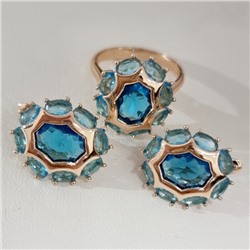 Комплект ювелирной бижутерии коллекция "Дубай" серьги и кольцо 17 р покрытие позолота, вставка: стекло, цвет: голубой, арт.215.572-17