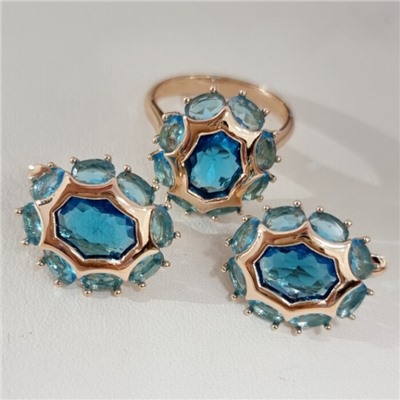 Комплект ювелирной бижутерии коллекция "Дубай" серьги и кольцо 18 р покрытие позолота, вставка: стекло, цвет: голубой, арт.215.572-18