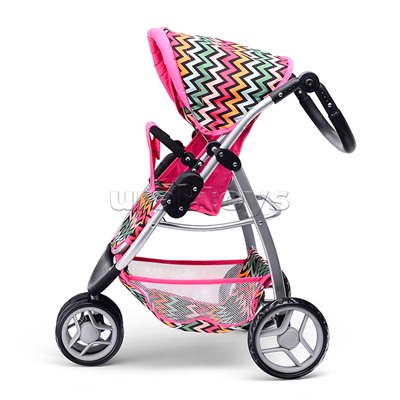 Коляска для кукол металлическая, прогулочная, цветные линии, зигзаг, цвет розово-голубой