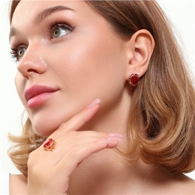 Комплект ювелирной бижутерии коллекция "Дубай" серьги и кольцо 18 р, покрытие позолота, вставка: фианиты, цвет: красный и черный, арт.215.356-18