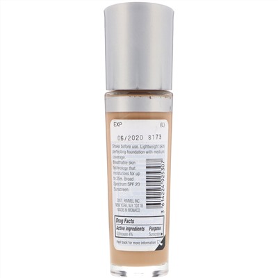 Rimmel London, Стойкая тональная основа Lasting Finish 25HR Breathable, SPF 20, оттенок 400 натуральный бежевый, 30 мл