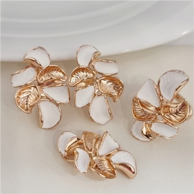 Комплект ювелирной бижутерии коллекция "Дубай" серьги, кулон и кольцо 18 р, покрытие позолота, вставка: матовая эмаль, цвет: белый, арт.313.170-18